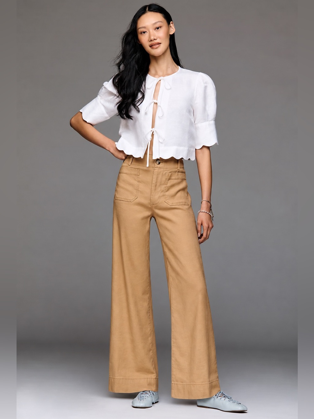 Maeve Colette Linen Blend Wide Leg Full Length Pants Camel High Rise Size 28